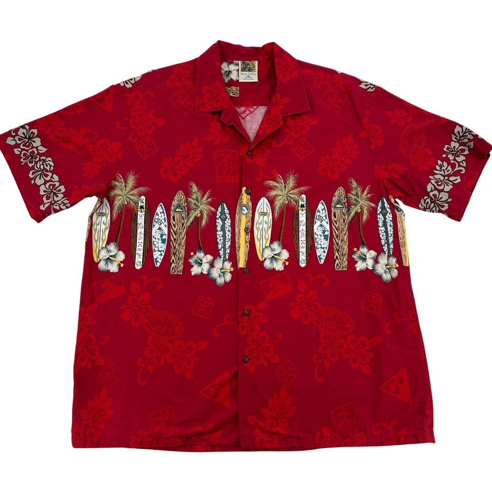 Winnie Fashion Men 3XL Red Hawaiian Aloha Shirt Surfboard Palm Tree Print Hawaii